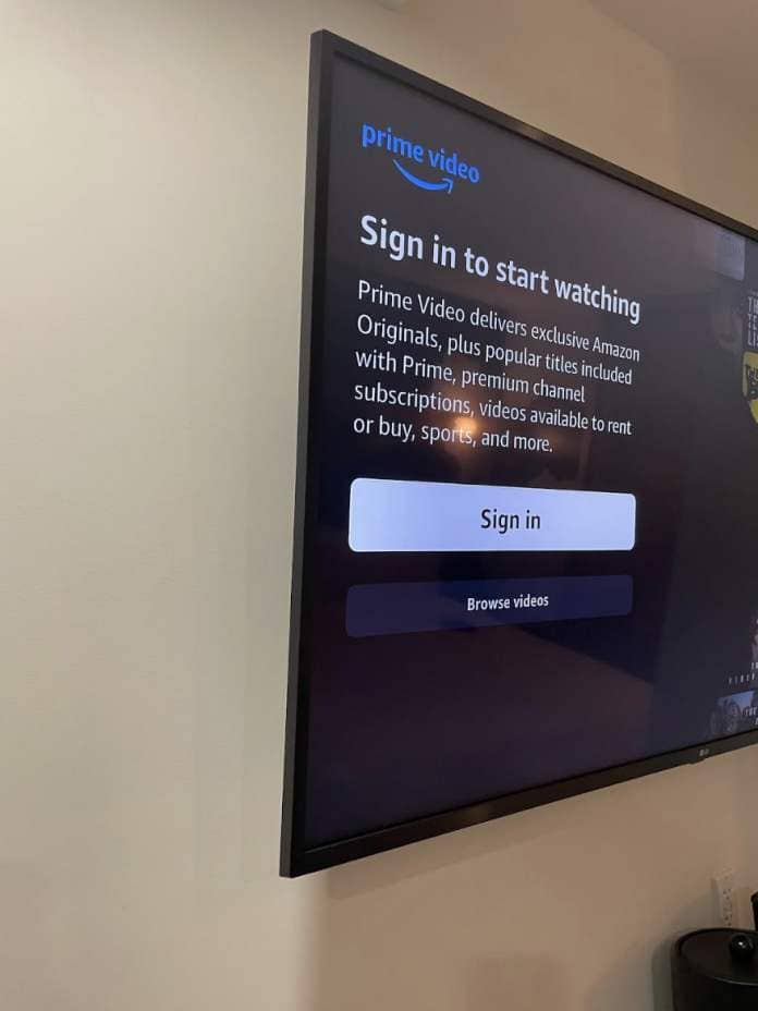 Sign-in screen for Prime Video on a TV displaying options to start watching by subscribing or renting content