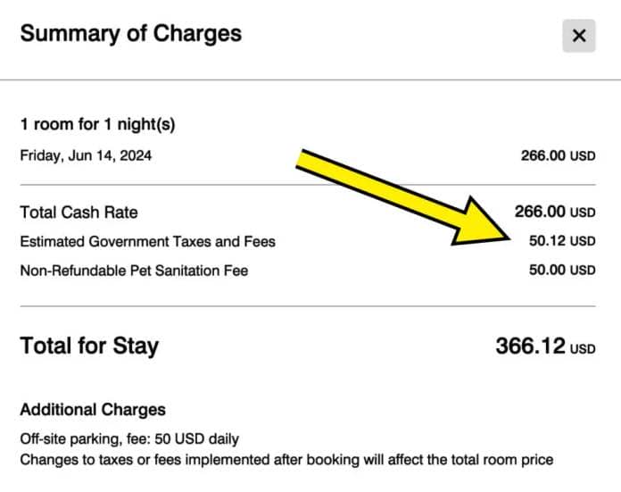 Screen capture of a hotel booking summary showing charges for a one-night stay, total cost, and a note on potential additional charges