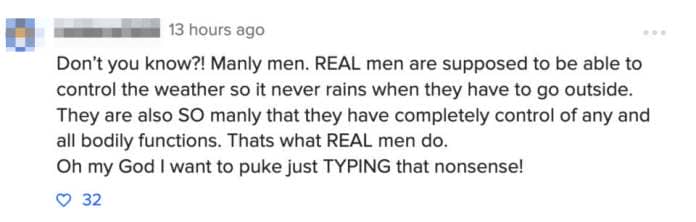 Comment discussing satirical expectations of 'real men,' expressing disbelief and disgust