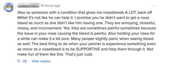 Commenter expresses frustration towards a person who dislikes nosebleeds, emphasizing the need for support during such incidents