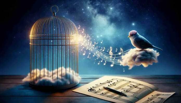 Create a high-definition, realistic imagery representing the concept of 'Unlocking the Melody of Dreams'. This should represent translating bird brain activity into songs. It can be visualized as a bird sitting on a musical staff, notes flowing from its brain onwards towards an open bird cage that symbolizes the 'unlocking'. The bird cage can seat atop a fluffy clouds to represent dreams. The background shall be a twilight sky filled with stars to give a surreal and dreamy essence.