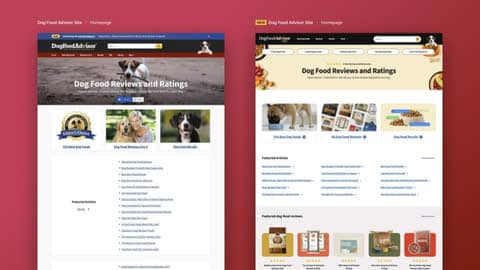 The legacy version of Dog Food Advisor (left) and the recently-launched rebrand of the site, which highlights what’s most important for pet parents looking for dog food advice. (Graphic: Business Wire)