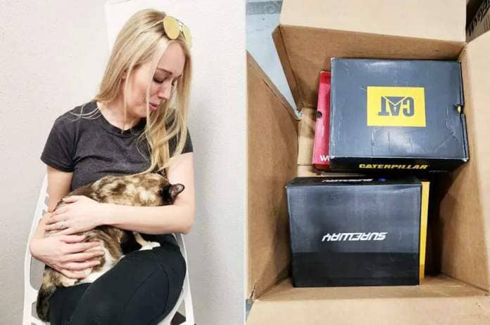 <p>Courtesy of Carrie Stevens Clark</p> Carrie Clark with Galena in California (left) and the shipping box the feline was found in at an Amazon distribution center