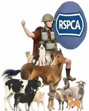 RSPCA soldier with shield and animals.