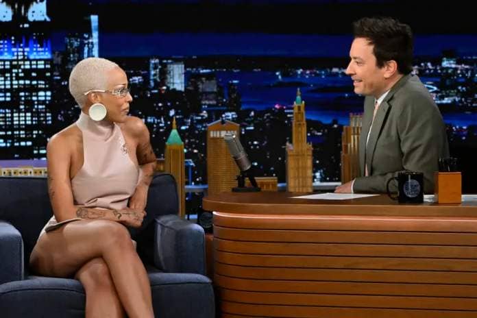 THE TONIGHT SHOW STARRING JIMMY FALLON -- Episode 1964 -- Pictured: (l-r) Rapper & singer Doja Cat during an interview with host Jimmy Fallon on Wednesday, May 1, 2024
