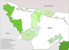 Map showing the state of Acre and its borders with Amazonas and Peru. The Serra do Divisor Park is marked in green, on the leftmost strip of Acre bordering Peru