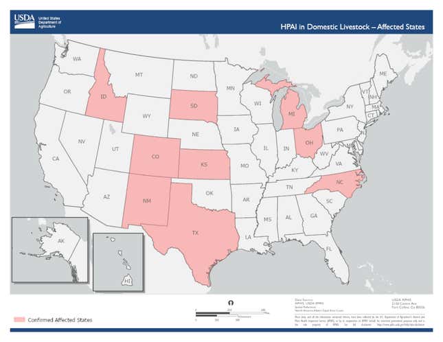 The states that have found positive bird flu cases in dairy cattle as of May 14, 2024, according to the USDA.