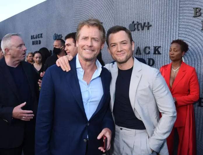 greg kinnear and taron egerton at the premiere of black bird held at the bruin westwood on june 29, 2022 in los angeles, california photo by gilbert floresvarietypenske media via getty images